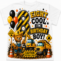 A white short-sleeve t-shirt featuring a colorful cartoon graphic for an 8th birthday. The design includes a teddy bear construction worker, a yellow excavator, a yellow dump truck, balloons, a large striped number 8, and text that reads 'EIGHT COOL I'M BIRTHDAY BOY!' with construction-themed signs and stars.