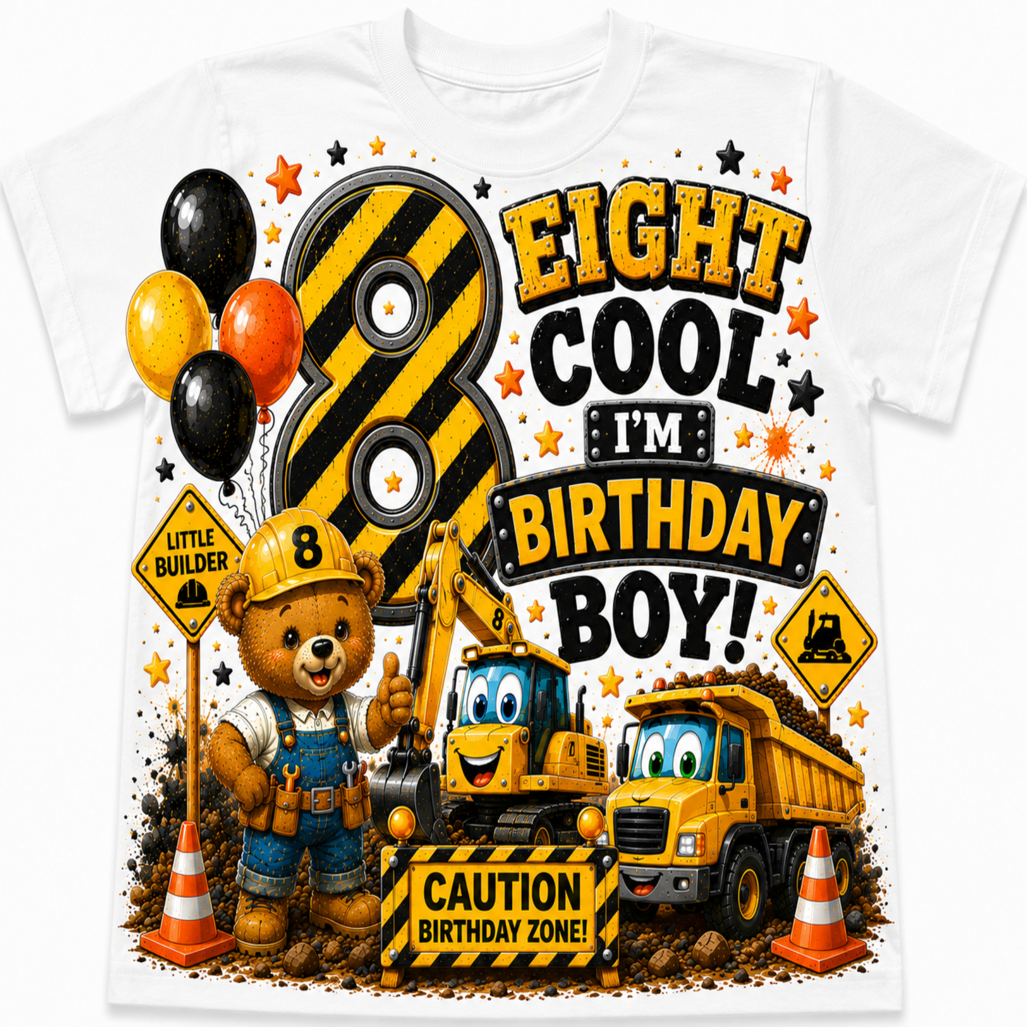 A white short-sleeve t-shirt featuring a colorful cartoon graphic for an 8th birthday. The design includes a teddy bear construction worker, a yellow excavator, a yellow dump truck, balloons, a large striped number 8, and text that reads 'EIGHT COOL I'M BIRTHDAY BOY!' with construction-themed signs and stars.
