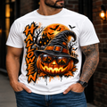 A man wearing a white graphic t-shirt with a Halloween design featuring a jack-o'-lantern wearing a witch hat and sunglasses, with the word 'HALLOWEEN' in orange graffiti-style lettering.