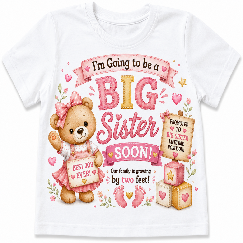 A white short-sleeve baby t-shirt featuring a colorful graphic design celebrating a baby girl's arrival. The design includes a cute cartoon teddy bear in a pink dress and bow, pink and gold glitter-style text reading 'I'm Going to be a BIG Sister SOON!', hearts, stars, baby booties, and gift boxes.