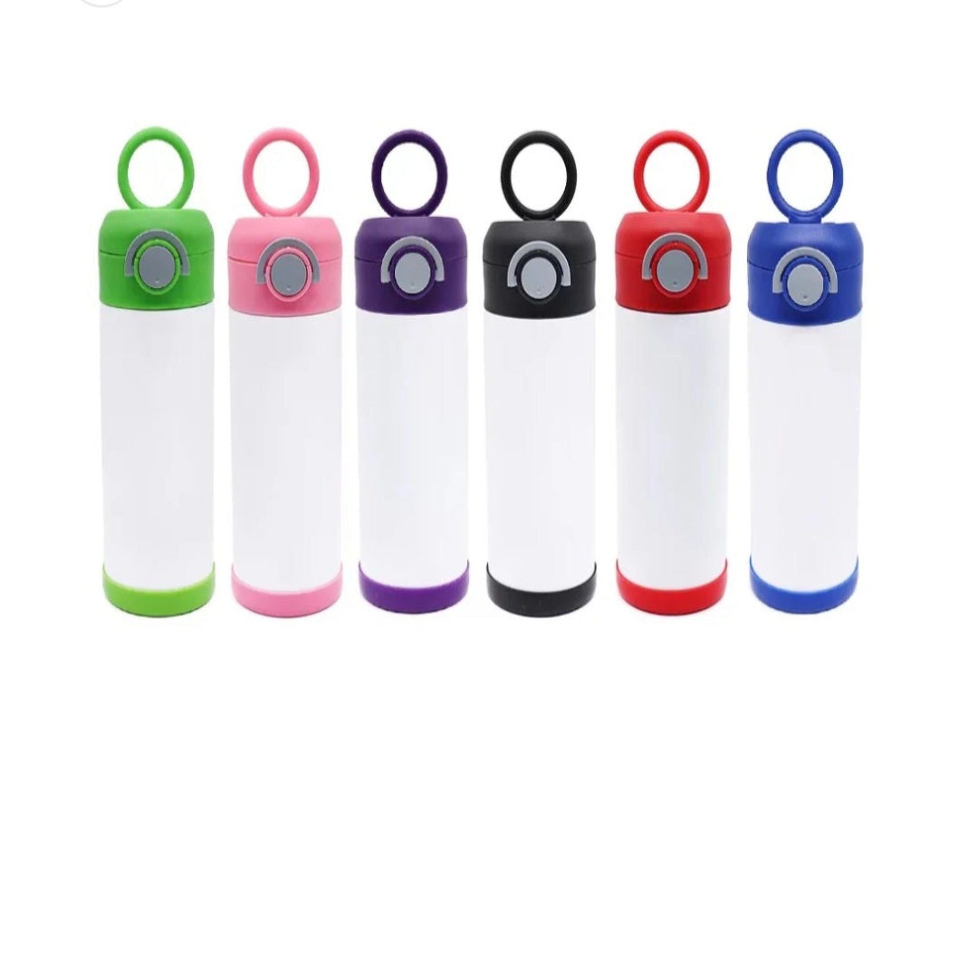Six portable cylindrical lanterns with hanging loops, shown in green, pink, purple, black, red, and blue. They have white bodies and colored top caps and bases, arranged in a row on a white background.