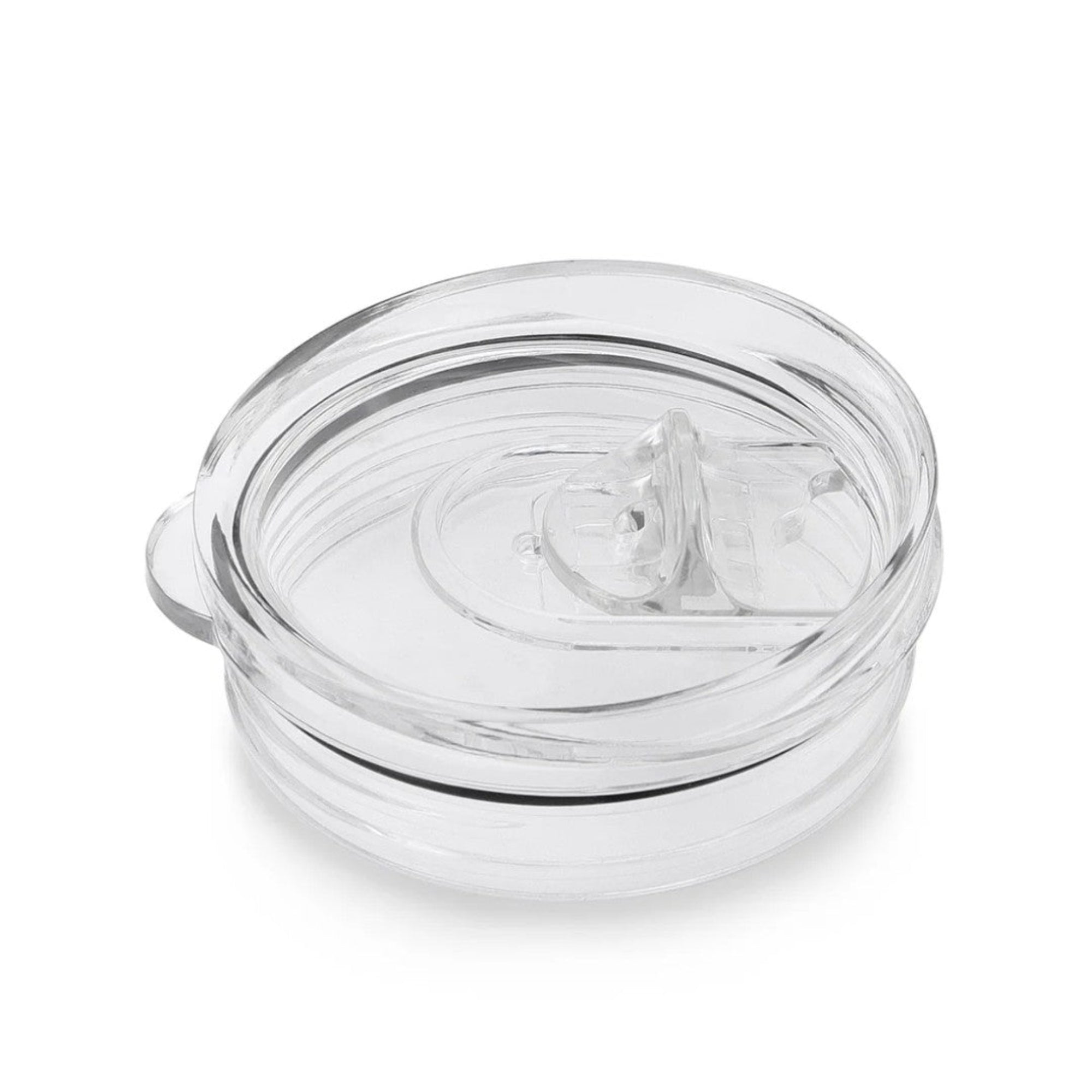 Clear plastic lid with a small handle and central spout detail, shown on a plain white background.