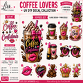 A promotional graphic for a 10-piece UV DTF sticker collection themed around coffee and confidence, featuring various illustrated designs like a iced coffee, hot chocolate, lipstick, sunglasses, and a crown on a pink background.