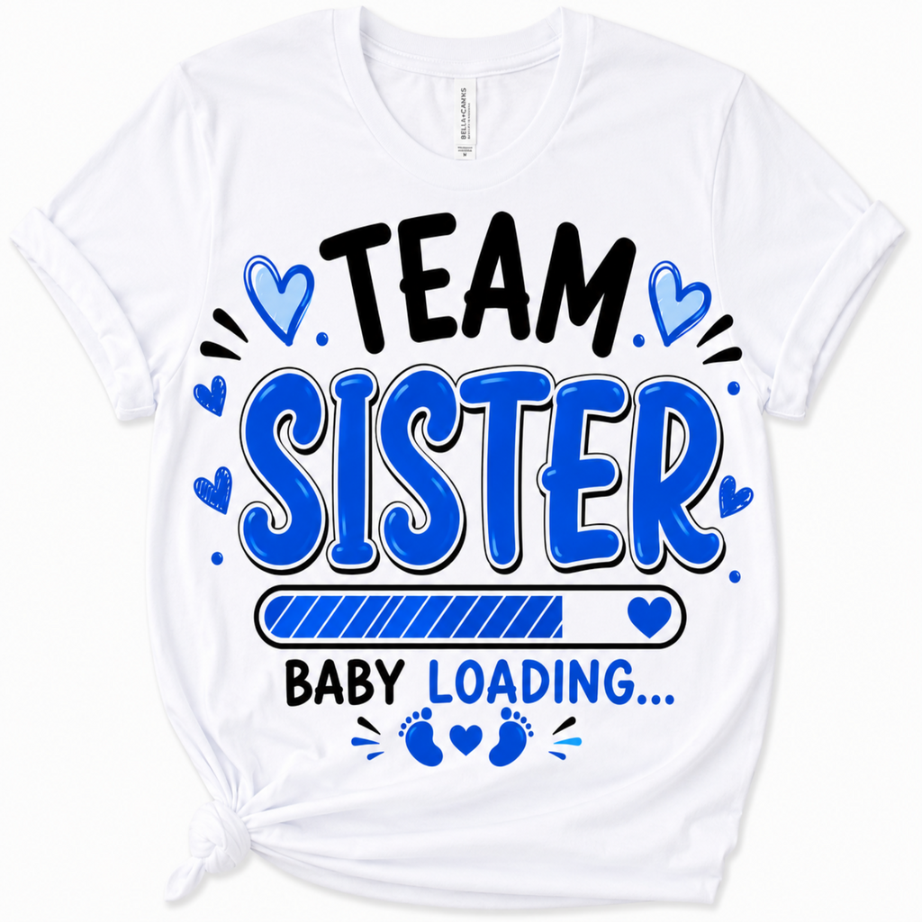 White short-sleeve graphic T-shirt with a front knot detail, featuring the text 'TEAM SISTER BABY LOADING.