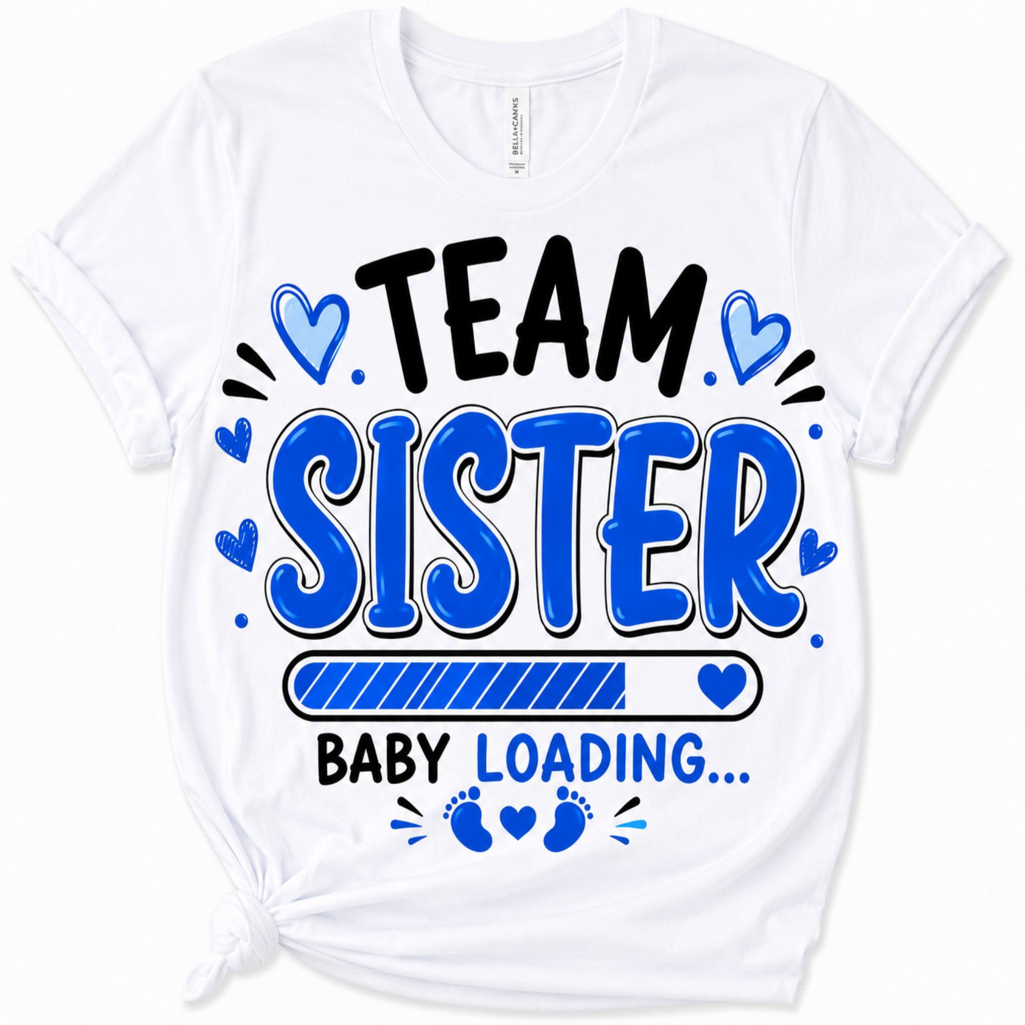 White short-sleeve graphic T-shirt with a front knot detail, featuring the text 'TEAM SISTER BABY LOADING.