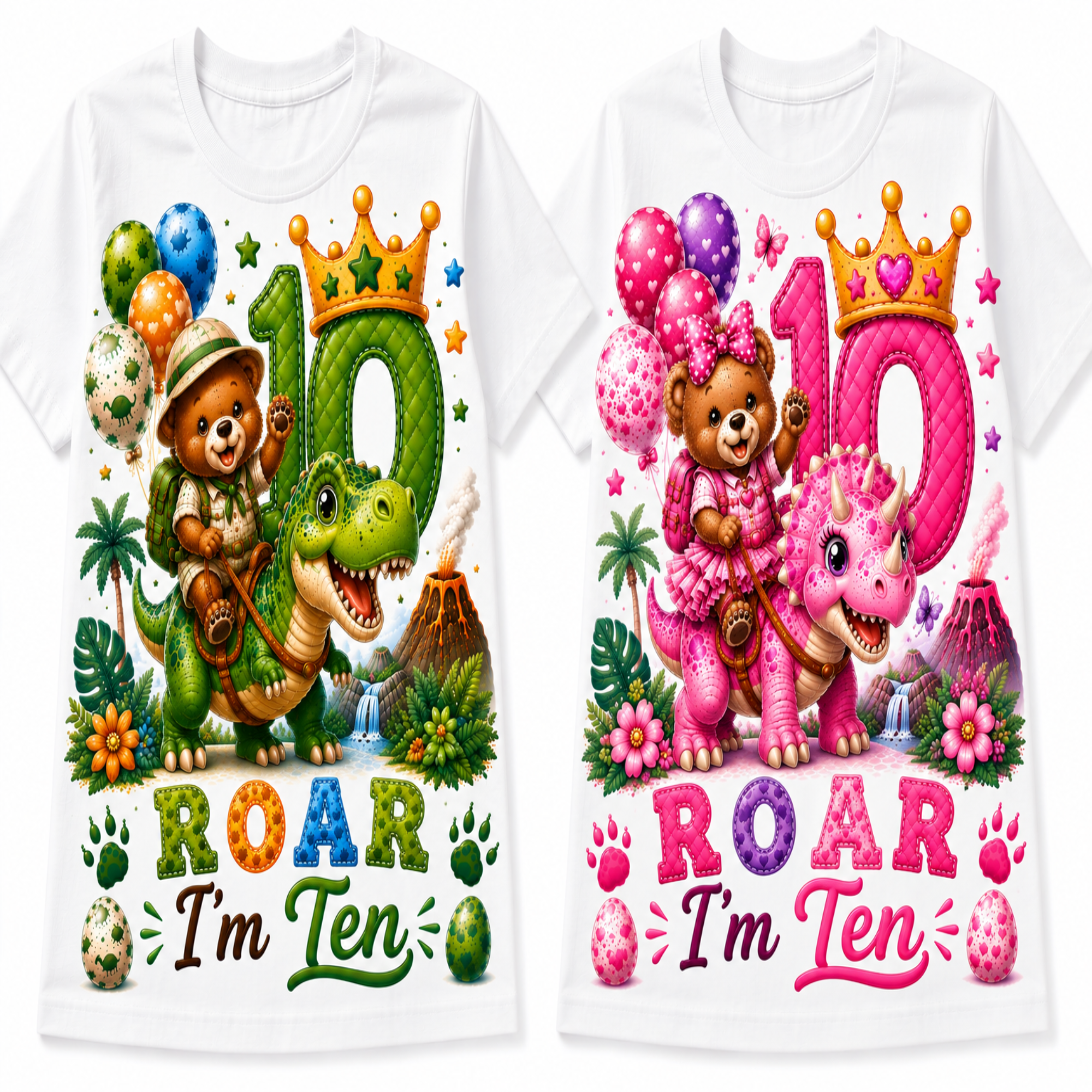 Two white short-sleeve T-shirts shown side by side, each with a colorful cartoon dinosaur birthday graphic. The left shirt features a green dinosaur and bear with a green '10' and the text 'ROAR I'm Ten' in green, yellow, and blue.
