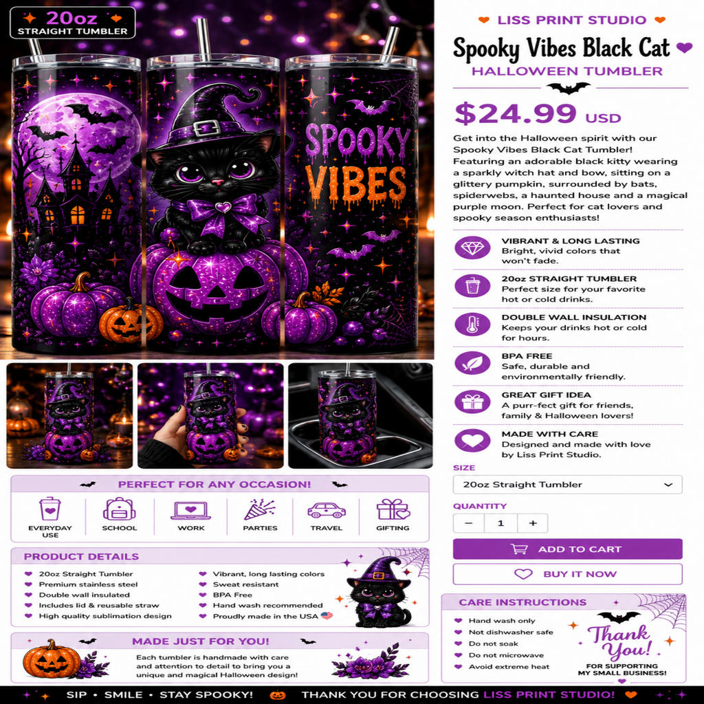 A promotional collage for a 'Spooky Vibes Black Cat' Halloween tumbler by Liss Print Studio. The image features a large central photo of a purple and black witch-themed tumbler with a cat silhouette, surrounded by smaller photos of the tumbler in different settings, product details, care instructions, and a size chart.