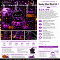 A promotional collage for a 'Spooky Vibes Black Cat' Halloween tumbler by Liss Print Studio. The image features a large central photo of a purple and black witch-themed tumbler with a cat silhouette, surrounded by smaller photos of the tumbler in different settings, product details, care instructions, and a size chart.