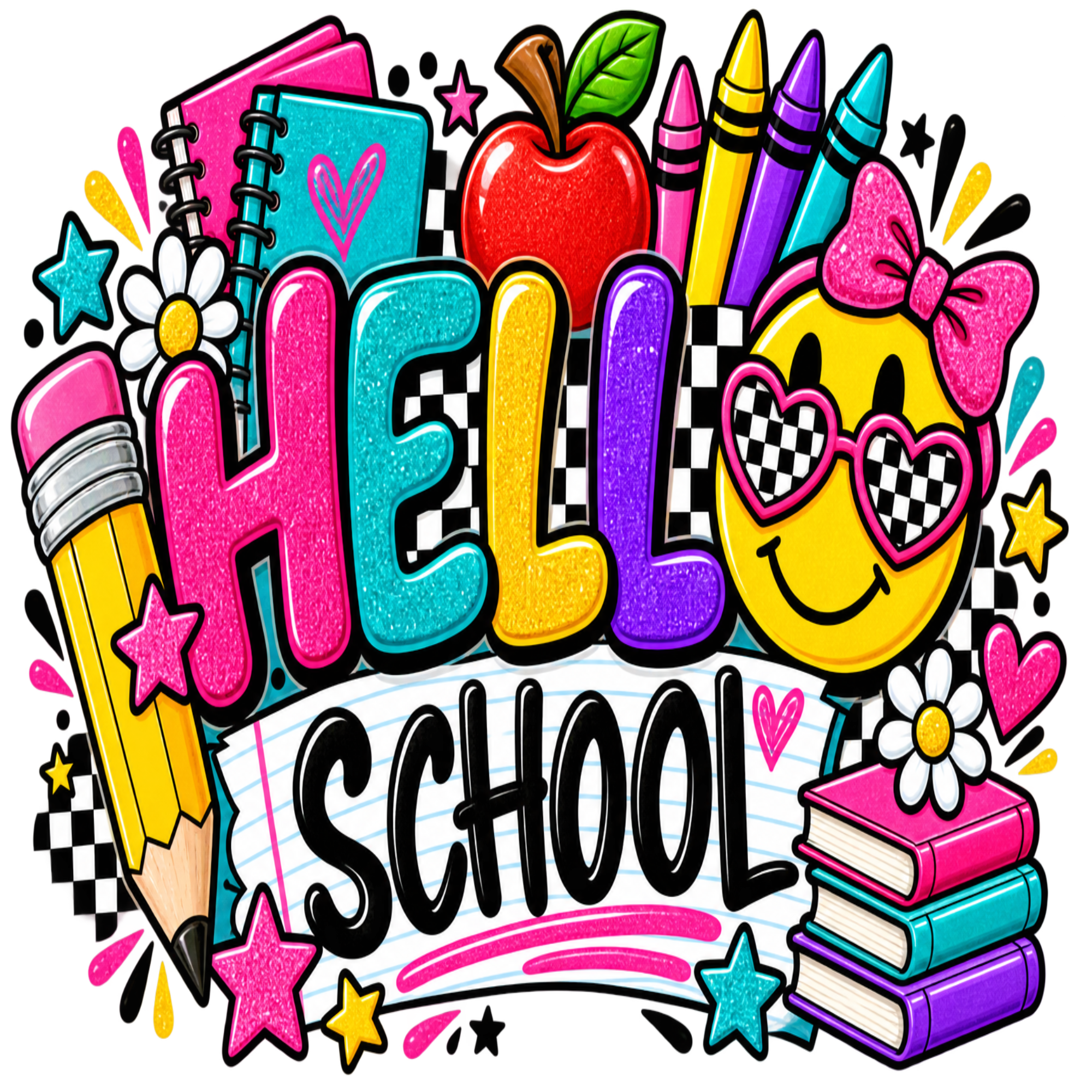 Vibrant cartoon-style 'HELLO SCHOOL' graphic with colorful lettering, an apple, crayons, a pencil, books, stars, hearts, and a smiling face wearing heart-shaped sunglasses.