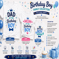 A promotional graphic for a matching family collection of birthday shirts. The image shows three white t-shirts with custom printed designs for 'Dad of the Birthday Boy', 'Mom of the Birthday Boy', and 'Birthday Boy It's My Day'.