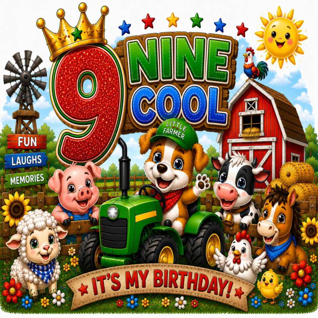 A colorful cartoon birthday scene with the text '9 NINE COOL' and 'IT'S MY BIRTHDAY!' on a farm background. A dog drives a green tractor, surrounded by a pig, cow, horse, sheep, chicken, sun, windmill, and barn.