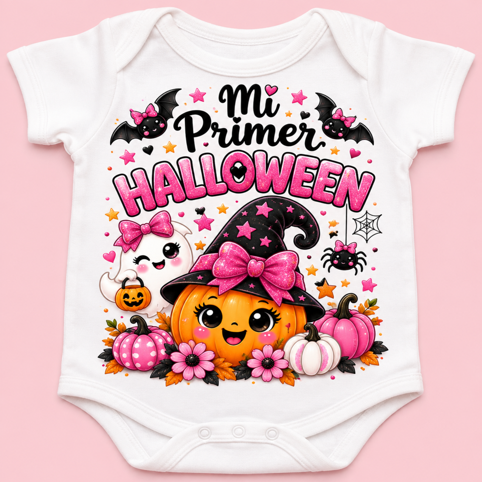 A white short-sleeve baby bodysuit laid flat on a light pink background, featuring a colorful Halloween graphic with the text 'Mi Primer HALLOWEEN' and cartoon pumpkins, bats, a witch hat, flowers, and a ghost.