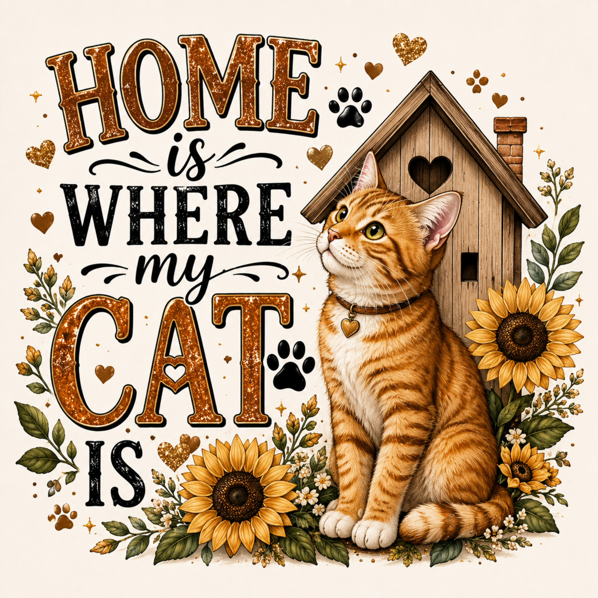 A decorative graphic with the phrase “HOME is WHERE my CAT IS” in large textured lettering, featuring an orange tabby cat sitting in front of a small birdhouse, surrounded by sunflowers, leaves, paw prints, and hearts on a light cream background.