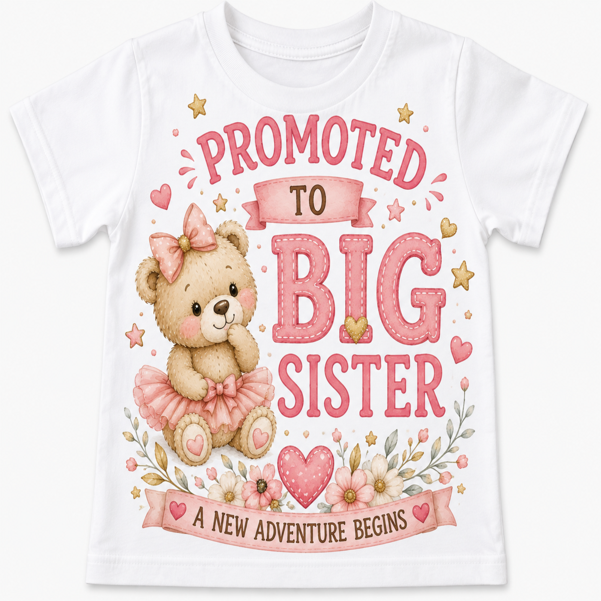A white short-sleeve baby t-shirt featuring a cute graphic print of a teddy bear wearing a pink tutu and bow, surrounded by the text 'PROMOTED TO BIG SISTER' and 'A NEW ADVENTURE BEGINS' in pink and brown lettering with floral and star accents.