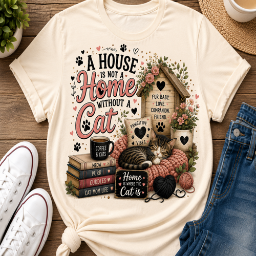 A cream-colored graphic t-shirt featuring a cat-themed design with the text 'A HOUSE IS NOT A Home WITHOUT A CAT' and various illustrations of a house, books, a cat, and paw prints, styled in a flat-lay with jeans, sneakers, and a plant on a wooden surface.