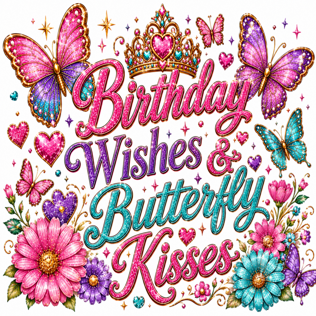 A colorful digital graphic with the phrase 'Birthday Wishes & Butterfly Kisses' in glitter-style lettering, surrounded by pink and purple butterflies, flowers, hearts, and a jeweled crown on a white background.