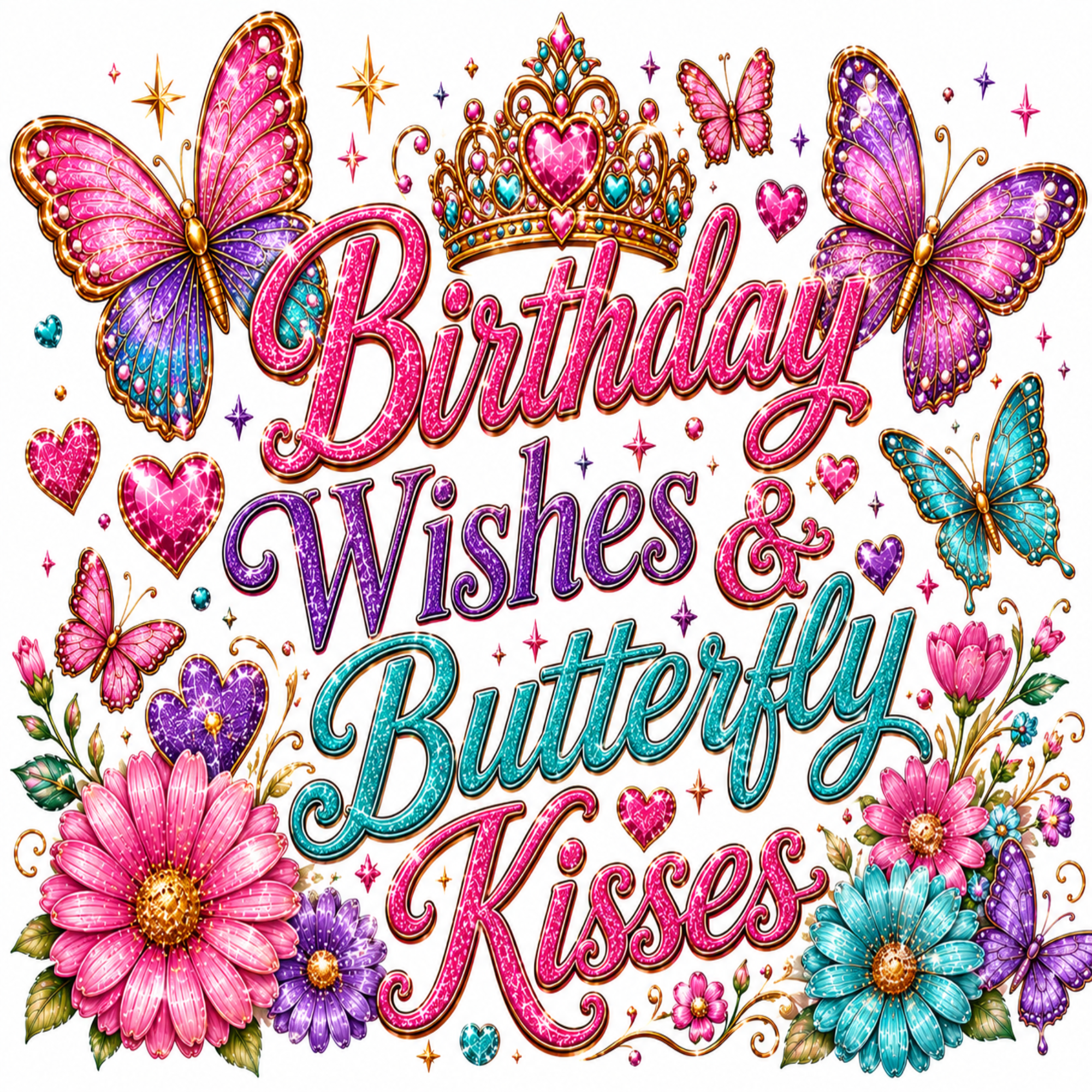 A colorful digital graphic with the phrase 'Birthday Wishes & Butterfly Kisses' in glitter-style lettering, surrounded by pink and purple butterflies, flowers, hearts, and a jeweled crown on a white background.