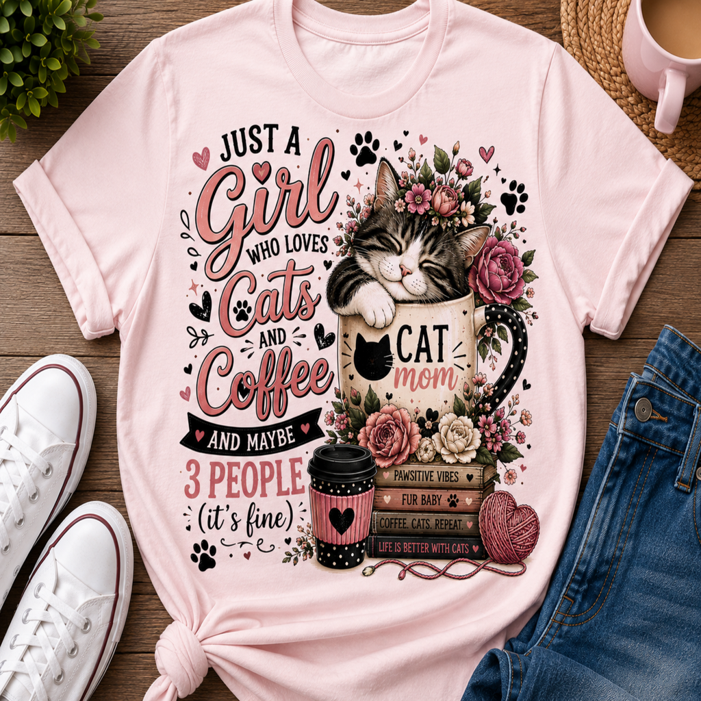 A light pink graphic t-shirt featuring a cute cat and coffee theme, styled in a flat-lay arrangement with white sneakers, blue jeans, a plant, and a straw hat on a wooden surface.
