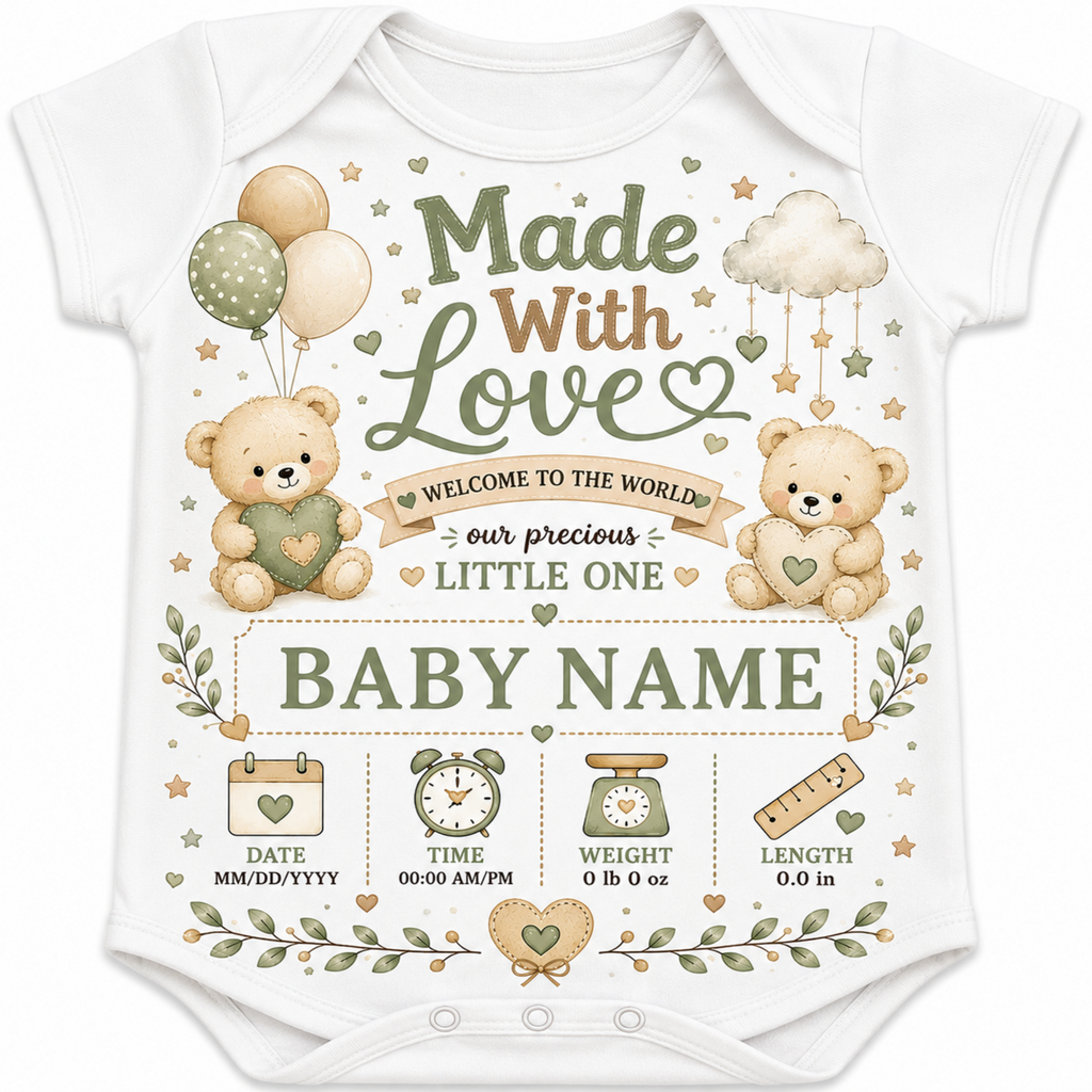 White baby bodysuit with a personalized 'Made With Love Welcome to the World' graphic featuring teddy bears, balloons, stars, and baby details in muted green, beige, and brown tones.