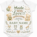 White baby bodysuit with a personalized 'Made With Love Welcome to the World' graphic featuring teddy bears, balloons, stars, and baby details in muted green, beige, and brown tones.