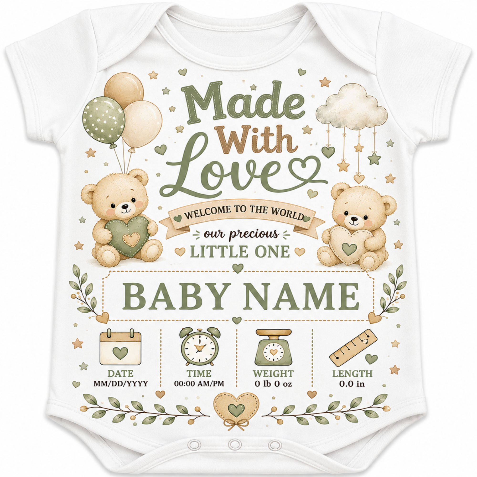 White baby bodysuit with a personalized 'Made With Love Welcome to the World' graphic featuring teddy bears, balloons, stars, and baby details in muted green, beige, and brown tones.