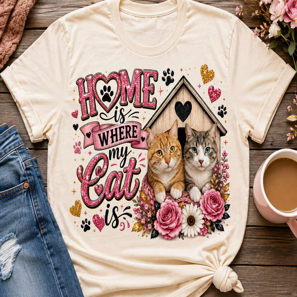 A cream-colored graphic t-shirt featuring a cute design of two cats, a birdhouse, and the text 'HOME is WHERE my Cat is' in pink and black lettering, surrounded by flowers and paw prints. The t-shirt is styled in a flat-lay arrangement on a wooden surface next to a cup of coffee and blue jeans.