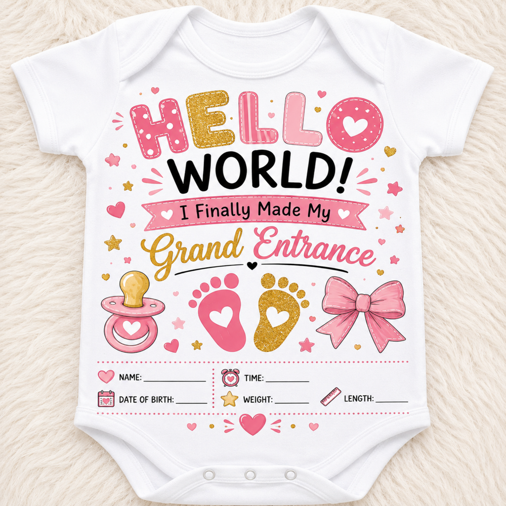A white short-sleeve baby bodysuit laid flat on a soft beige textured background, printed with a colorful 'Hello World! I Finally Made My Grand Entrance' graphic featuring pink, gold, and black text, hearts, stars, pacifier, footprints, and a bow.