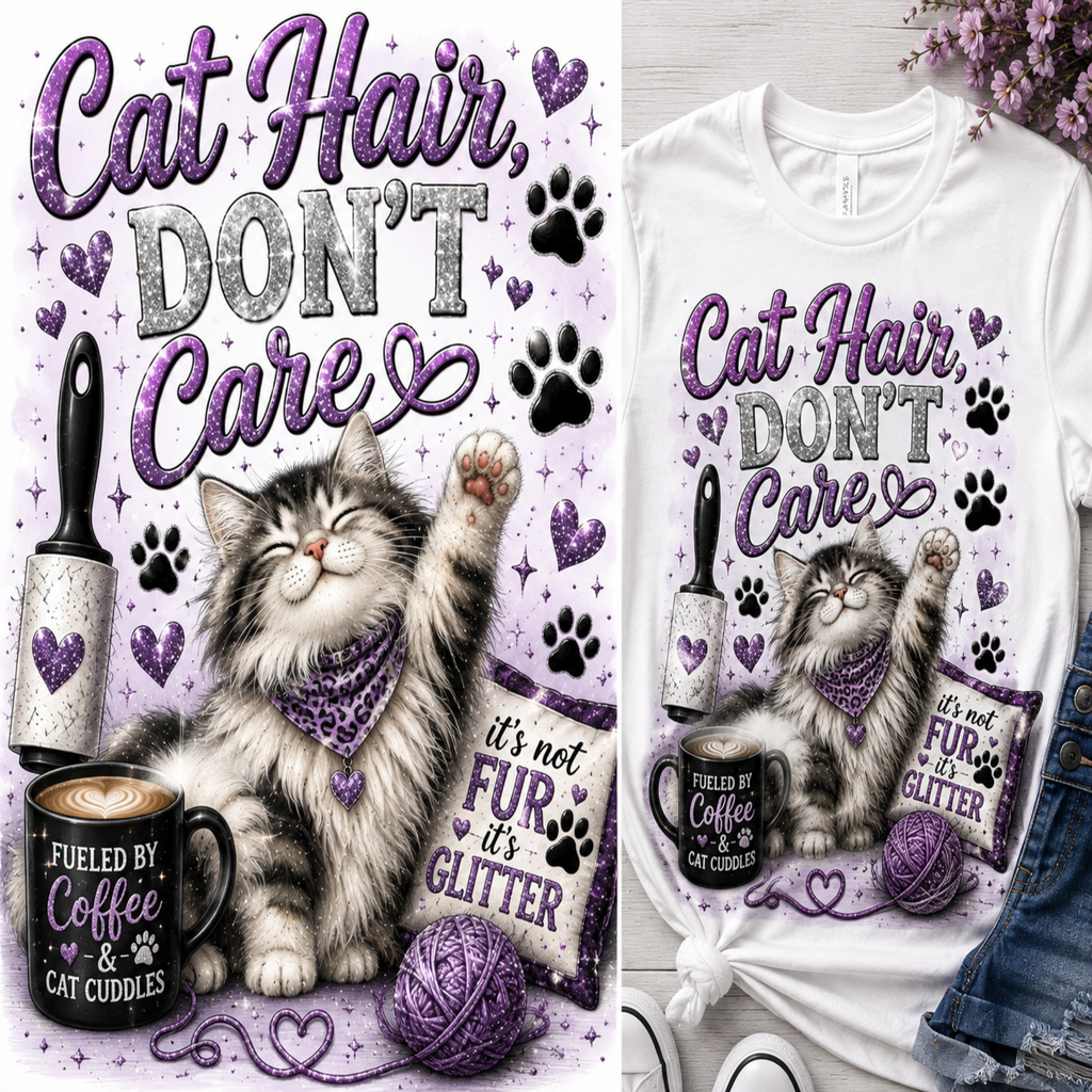 A graphic design for a t-shirt featuring a fluffy gray tabby cat wearing a purple bandana, with the text 'Cat Hair, DON'T Care' in purple glitter lettering. The design includes a purple rolling pin, a black coffee mug with 'FUELED BY Coffee & CAT CUDDLES' text, a purple ball of yarn, and a small sign reading 'it's not Fun it's GLITTER'.