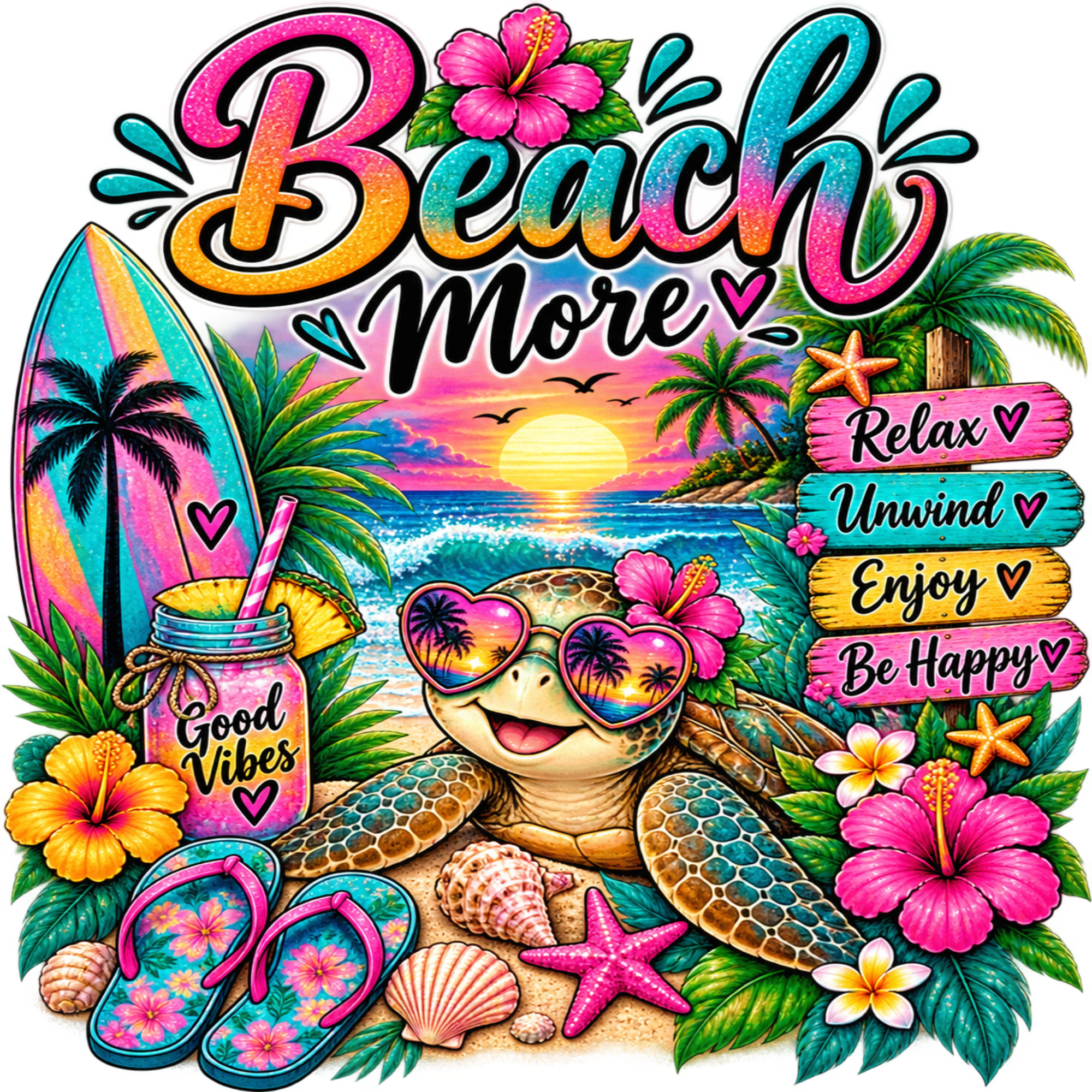 A colorful tropical beach-themed graphic design featuring the words 'Beach More' in large stylized lettering, a smiling sea turtle wearing heart-shaped sunglasses, hibiscus flowers, a surfboard, flip-flops, a mason jar with a straw, starfish, shells, palm trees, and a sunset over the ocean. The artwork is highly saturated and fills the frame.