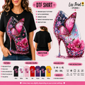 A promotional graphic for a custom DTF (Direct to Film) t-shirt. The top half shows a woman wearing a black t-shirt with a large, colorful graphic of a pink and purple high-heeled shoe.