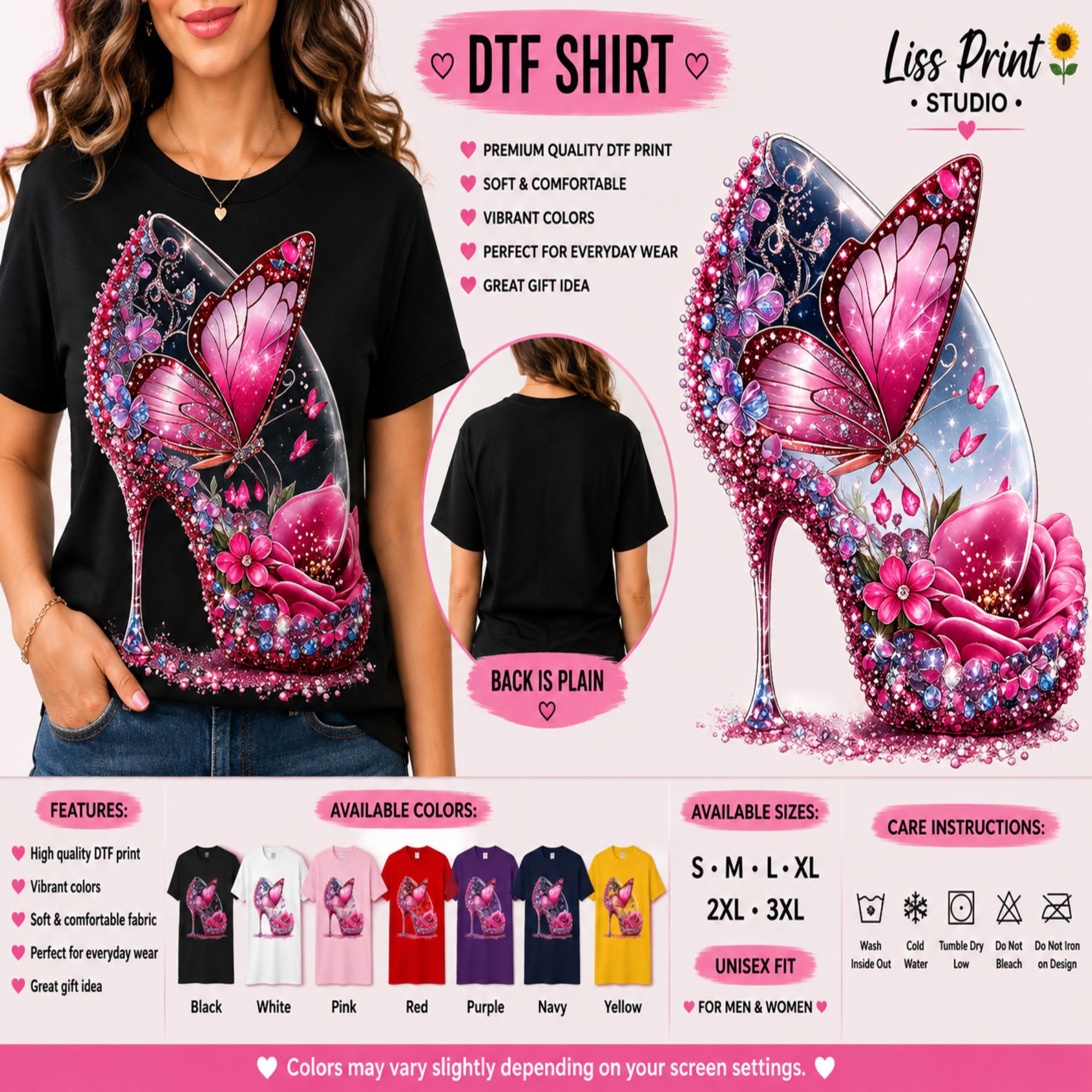 A promotional graphic for a custom DTF (Direct to Film) t-shirt. The top half shows a woman wearing a black t-shirt with a large, colorful graphic of a pink and purple high-heeled shoe.