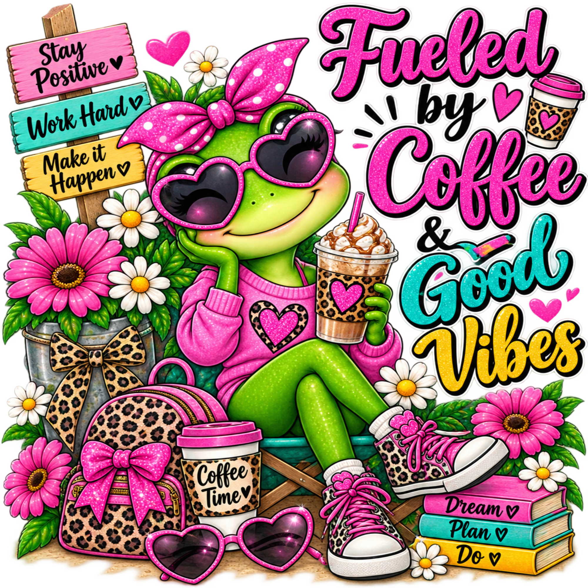 A colorful cartoon frog wearing pink sunglasses, a pink bow, and a pink heart sweater, sitting on a bench and holding an iced coffee. The scene includes flowers, a leopard-print backpack, heart-shaped sunglasses, books, and bold text reading 'Fueled by Coffee & Good Vibes' with motivational phrases like 'Stay Positive,' 'Work Hard,' and 'Dream, Plan, and Do.