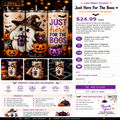 A promotional product listing graphic for a 20oz straight tumbler from Liss Print Studio, featuring a Halloween-themed design with a black background, white cat, orange pumpkins, and purple text reading 'Just here for the BOOS'. The layout includes multiple product views, feature callouts, pricing ($24.
