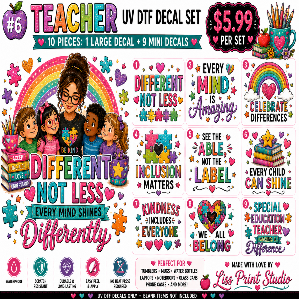 A colorful promotional graphic for a Teacher-themed UV DTF decal set by Liz Print Studio, showing multiple decorative sticker designs, text slogans, rainbows, hearts, stars, and cartoon children on a white background with feature icons along the bottom.