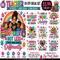 A colorful promotional graphic for a Teacher-themed UV DTF decal set by Liz Print Studio, showing multiple decorative sticker designs, text slogans, rainbows, hearts, stars, and cartoon children on a white background with feature icons along the bottom.