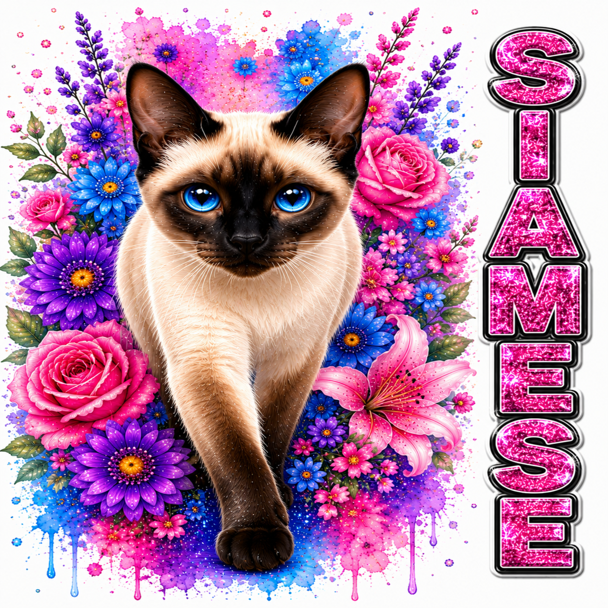 A stylized cat portrait with the word 'SIAMESE' in glittery pink letters, surrounded by vivid pink, purple, and blue flowers on a white background.