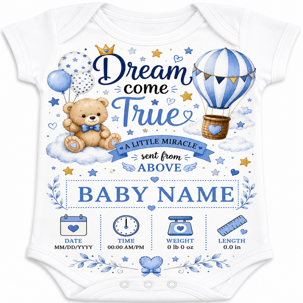 White baby bodysuit with a blue and brown personalized baby shower graphic featuring a teddy bear, hot air balloon, stars, and text fields for baby name, date, time, weight, and length.