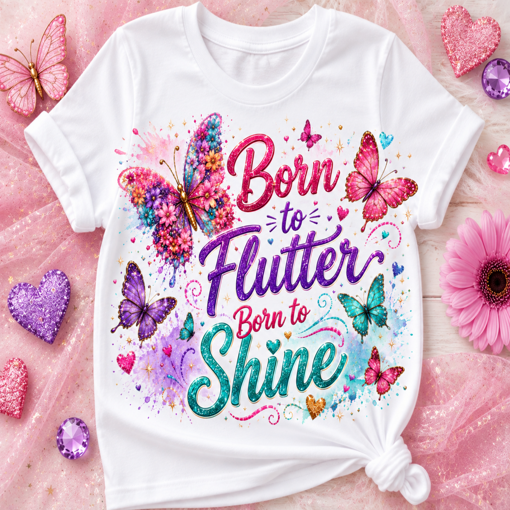 A white graphic t-shirt with a colorful butterfly and text design reading 'Born to Flutter Born to Shine', styled on a pink textured background with decorative hearts and flowers.