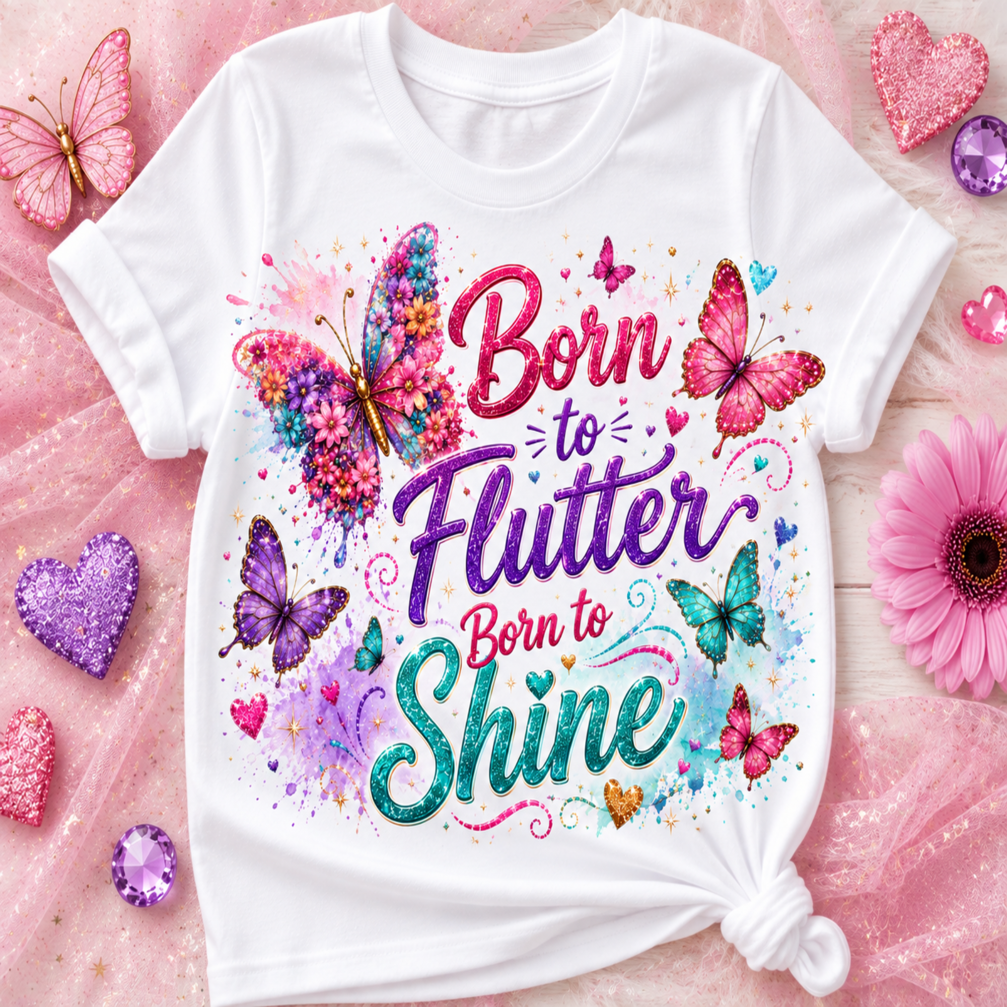 A white graphic t-shirt with a colorful butterfly and text design reading 'Born to Flutter Born to Shine', styled on a pink textured background with decorative hearts and flowers.