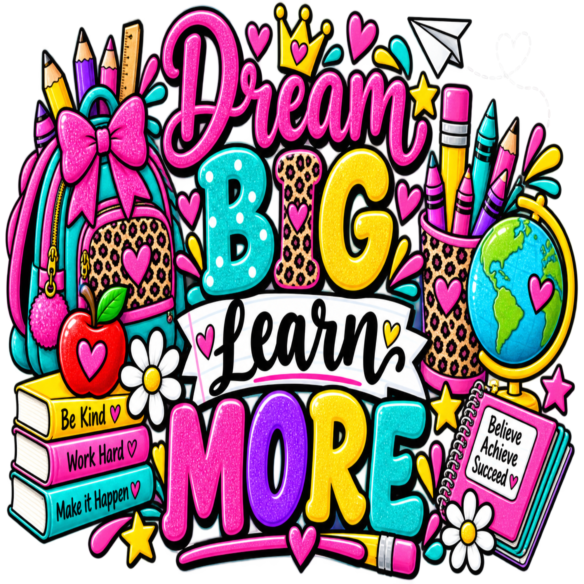 A colorful school-themed graphic with the words “Dream Big Learn More” surrounded by school supplies and icons including a backpack, pencils, books, an apple, flowers, a globe, and stars on a white background.