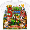 A white short-sleeve t-shirt featuring a colorful cartoon birthday graphic that reads '5 FIVE COOL' with a crown, a green tractor, a pig, a cow, a horse, a sheep, chickens, a windmill, a barn, and the text 'IT'S MY BIRTHDAY!'.