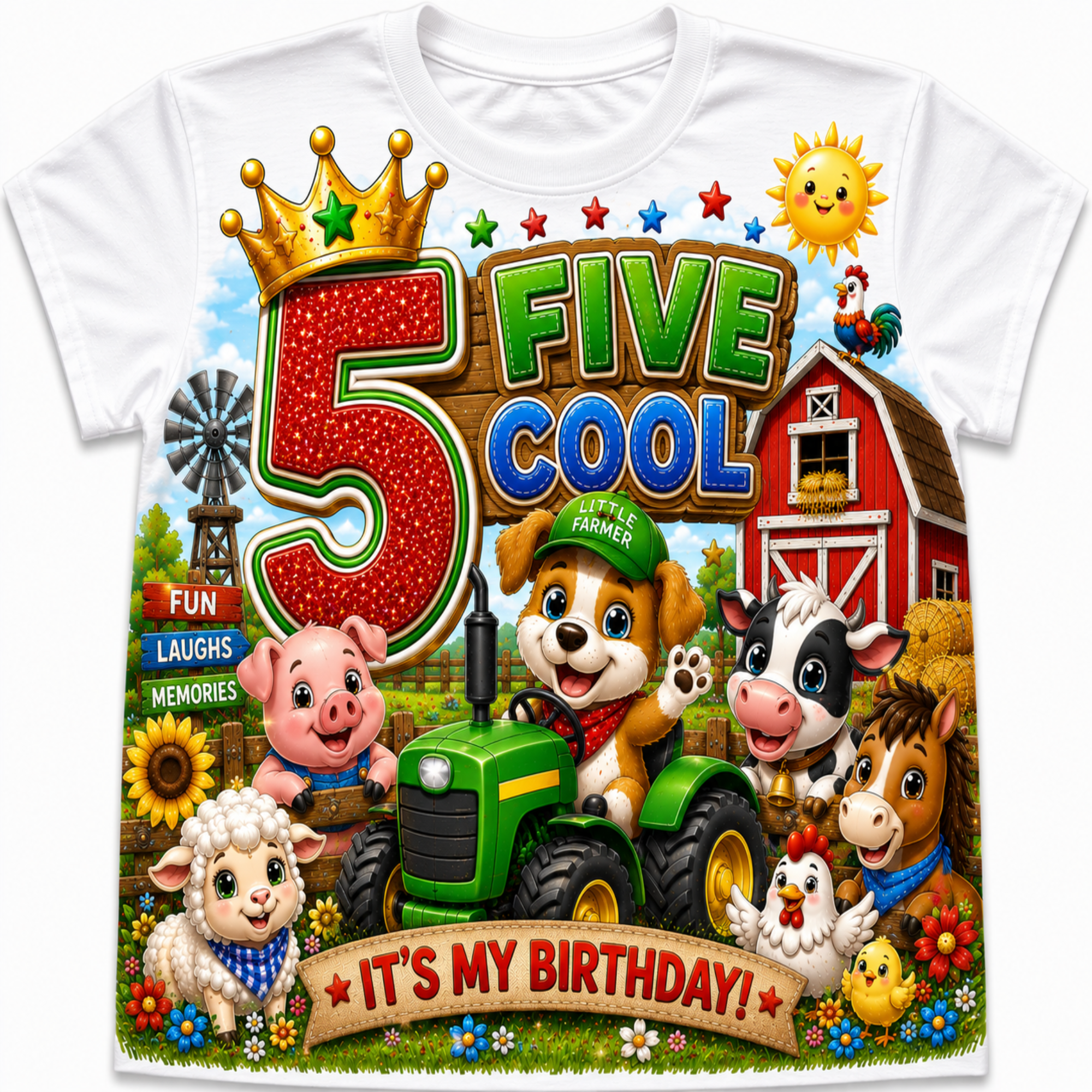 A white short-sleeve t-shirt featuring a colorful cartoon birthday graphic that reads '5 FIVE COOL' with a crown, a green tractor, a pig, a cow, a horse, a sheep, chickens, a windmill, a barn, and the text 'IT'S MY BIRTHDAY!'.