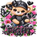 A cartoon teddy bear wearing a black awareness ribbon cap and a black T-shirt that reads 'Melanoma Cancer Awareness,' surrounded by pink flowers, butterflies, hearts, and the word 'FIGHT' in large glittery letters.