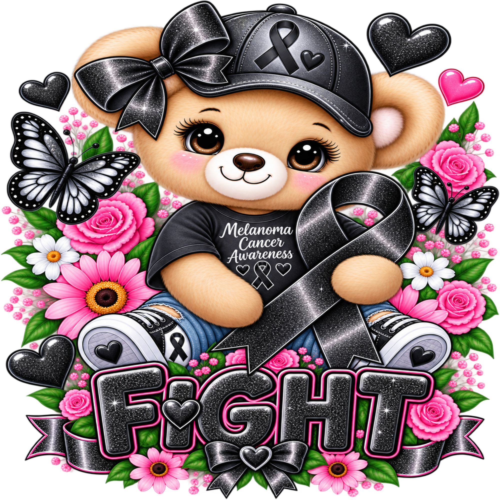 A cartoon teddy bear wearing a black awareness ribbon cap and a black T-shirt that reads 'Melanoma Cancer Awareness,' surrounded by pink flowers, butterflies, hearts, and the word 'FIGHT' in large glittery letters.