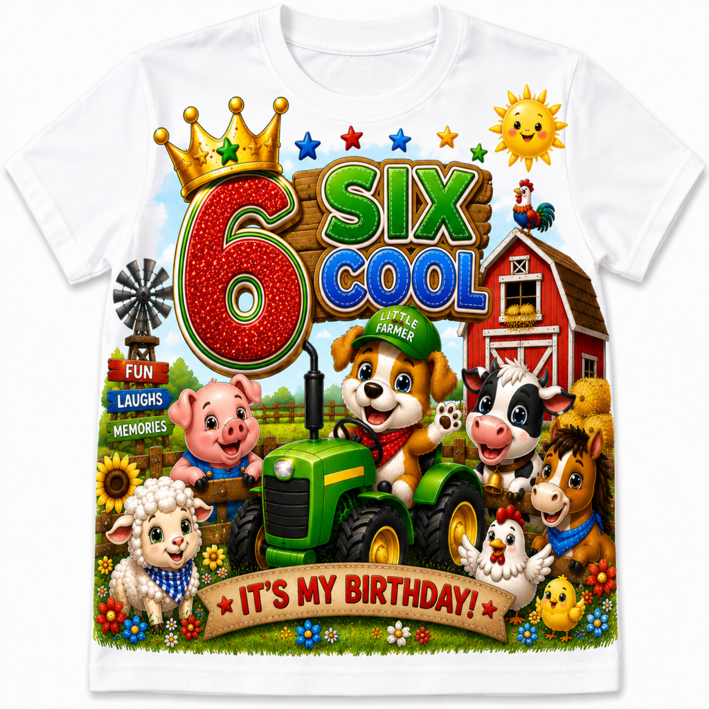 A white short-sleeve kids' t-shirt featuring a colorful cartoon birthday graphic with the text '6 COOL' and 'IT'S MY BIRTHDAY!'. The design includes a gold crown, a green tractor driven by a dog, a red barn, a pig, a cow, a horse, a sheep, a rooster, a windmill, and a smiling sun.