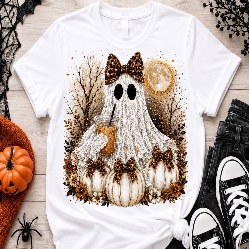 A white short-sleeve T-shirt laid flat on a light wood surface, featuring a large Halloween graphic of a ghost in a white lace dress holding an iced coffee, surrounded by pumpkins, autumn leaves, bare trees, a full moon, and leopard-print bows. The shirt is styled with seasonal props including a small pumpkin, black spider decoration, lace trim, folded dark jeans, and black sneakers.