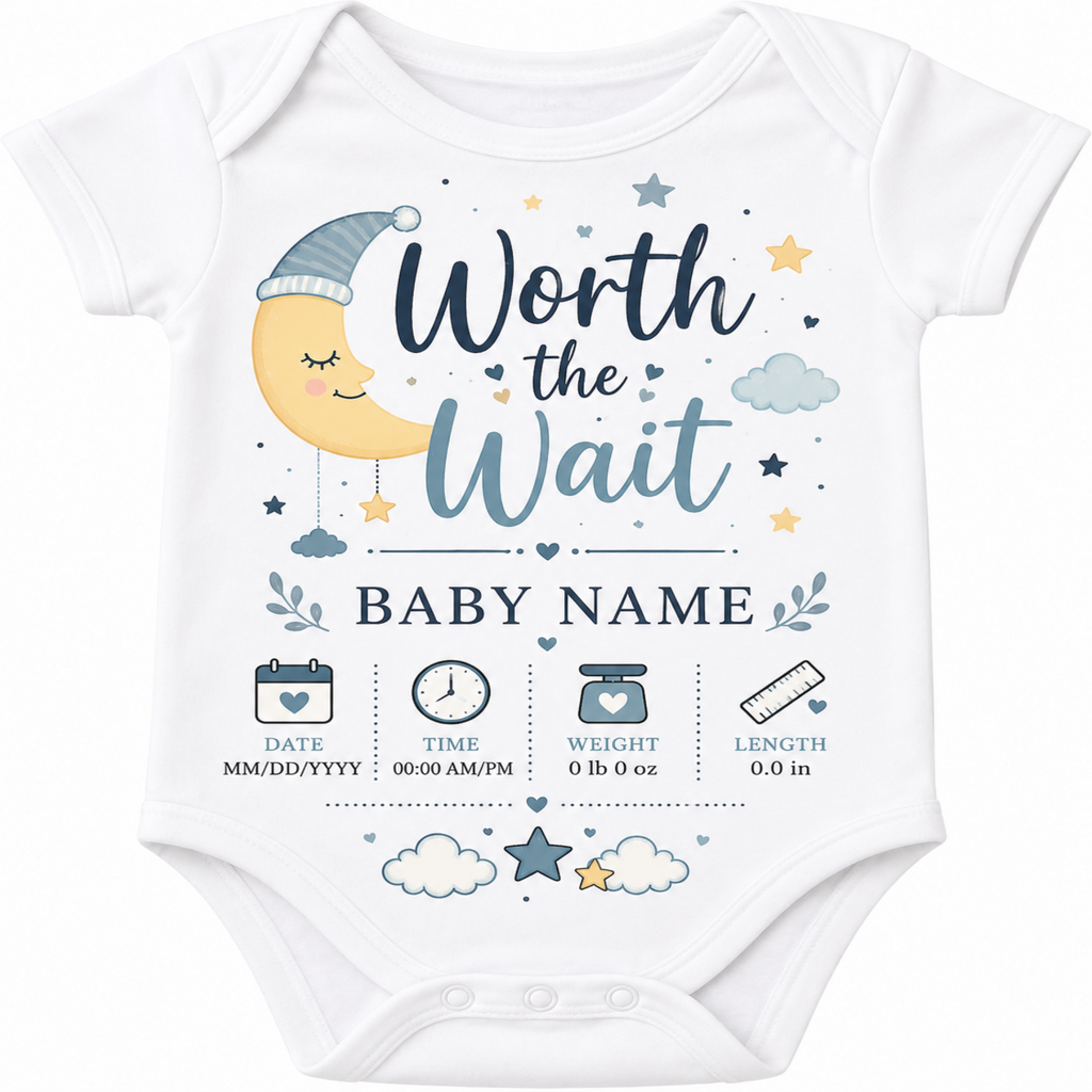 White short-sleeve baby bodysuit with a personalized nursery-themed graphic that reads 'Worth the Wait BABY NAME' alongside a crescent moon, stars, clouds, and baby milestone icons in blue, gray, and yellow.