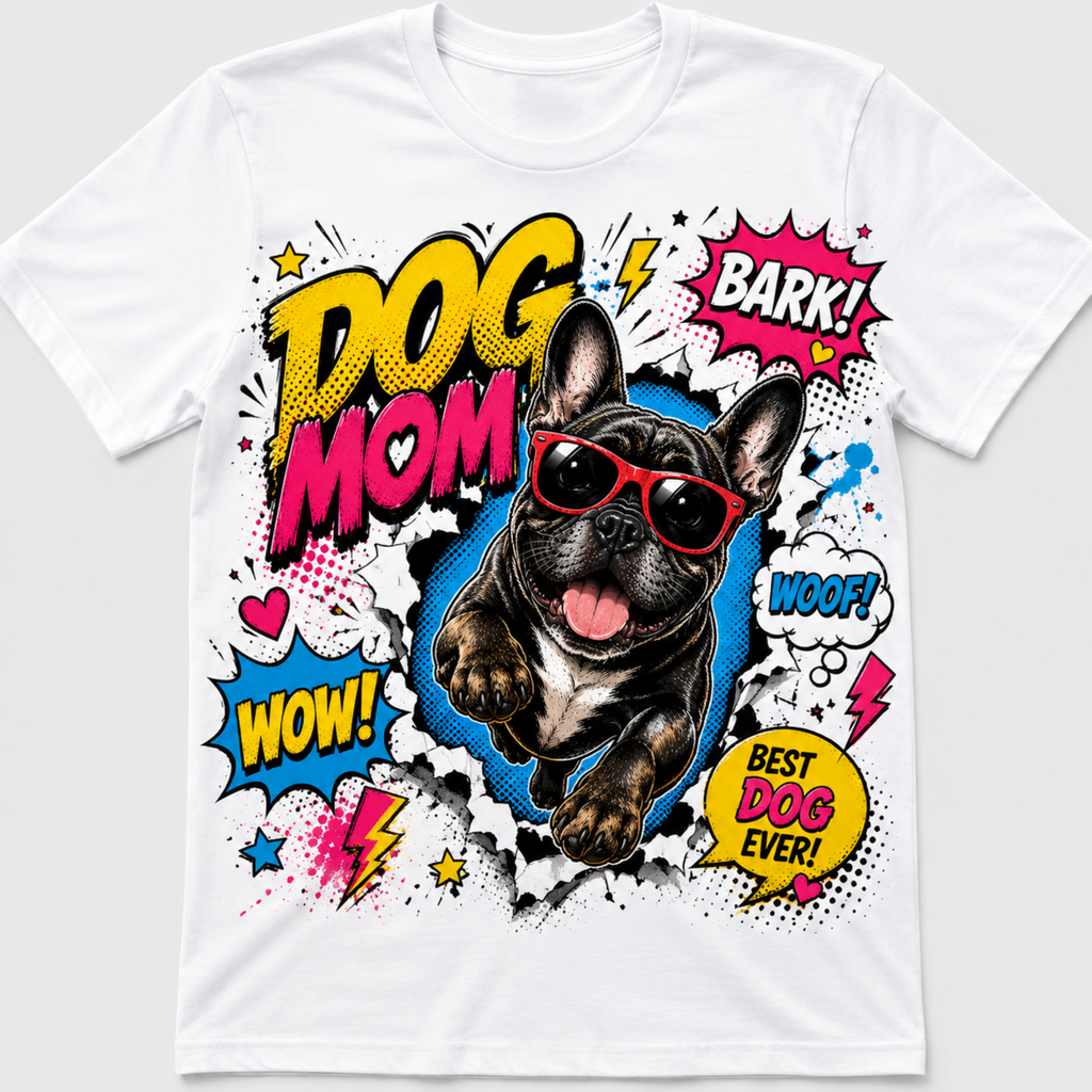 A white short-sleeve crewneck t-shirt featuring a colorful comic book-style graphic of a French Bulldog wearing red sunglasses, surrounded by bold text like 'DOG MOM', 'BARK!', 'WOOF!', and 'BEST DOG EVER!'.