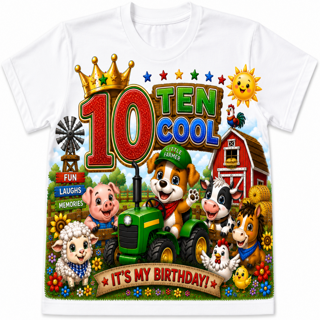 A white short-sleeve kids' t-shirt featuring a colorful cartoon graphic of farm animals and a tractor on a farm, celebrating a 10th birthday with the text '10 TEN COOL IT'S MY BIRTHDAY!'.