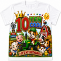 A white short-sleeve kids' t-shirt featuring a colorful cartoon graphic of farm animals and a tractor on a farm, celebrating a 10th birthday with the text '10 TEN COOL IT'S MY BIRTHDAY!'.